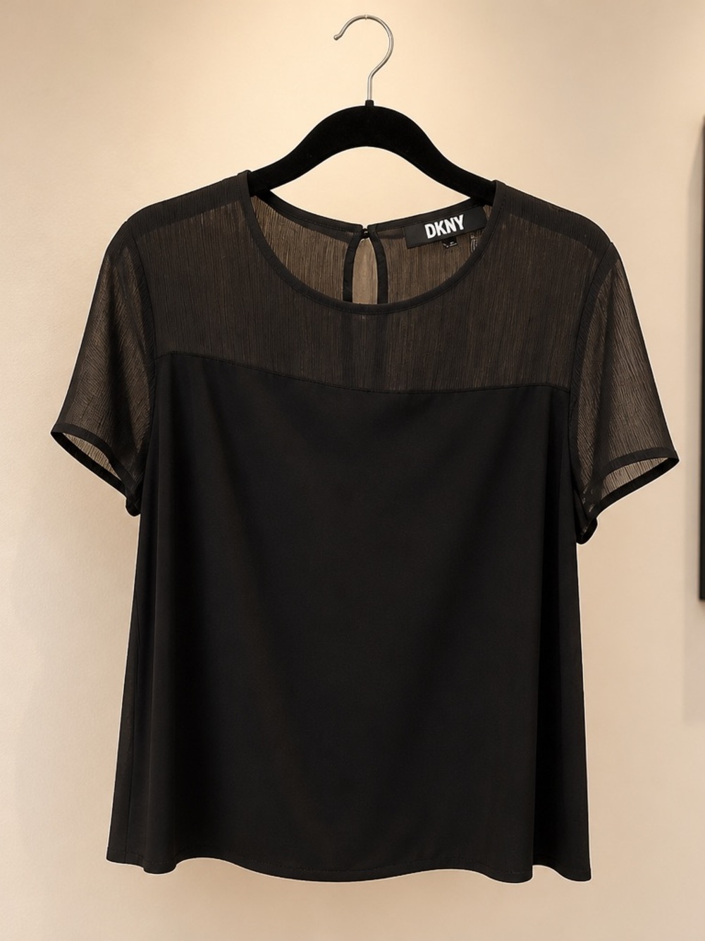 DKNY Black Short Sleeve Top with Sheer Yoke